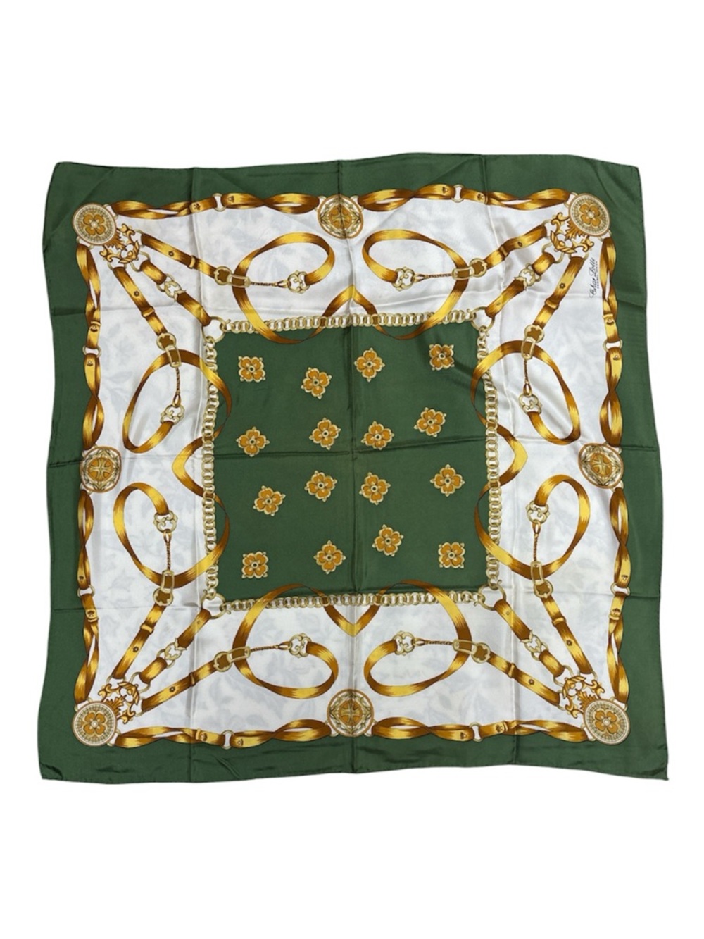 Vintage‎ Silk Green & Gold Printed Scarf